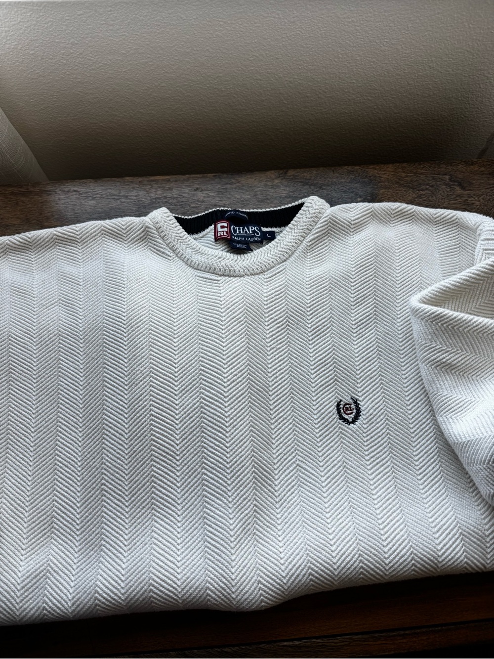 Chaps Men's Cream Crewneck Sweater with Embroidered Crest